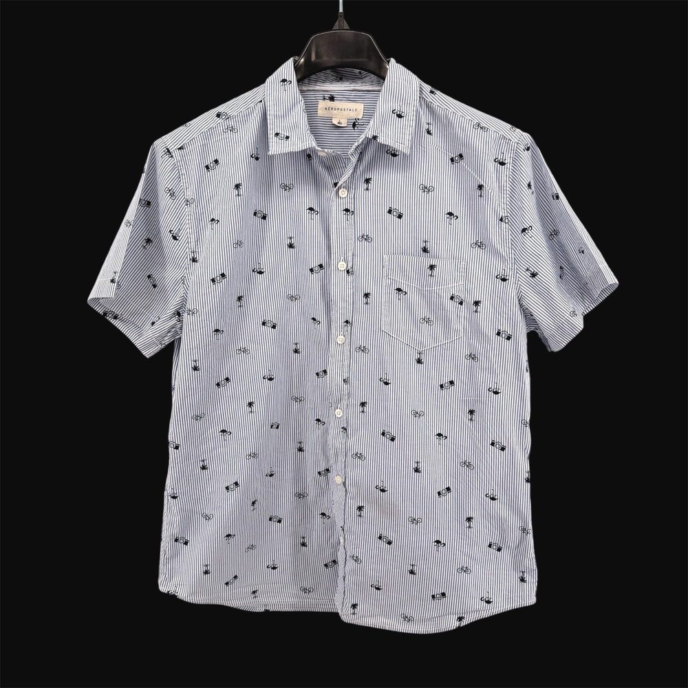 Aeropostale Mens Large Pre-Owned Shirt Blue Striped Flamingo Camera Palm Trees